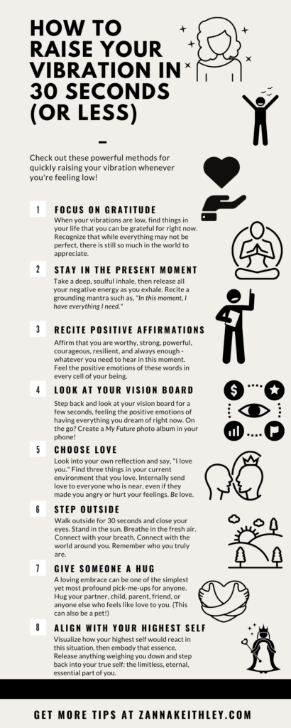 Infographic titled How To Raise Your Vibration In 30 Seconds (Or Less) with eight methods listed to raise your vibration