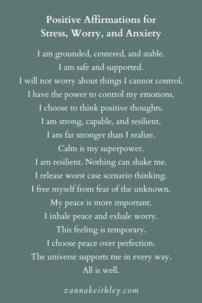 A list of positive affirmations for stress, worry, and anxiety