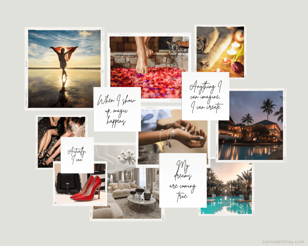 vision board with pictures and affirmations